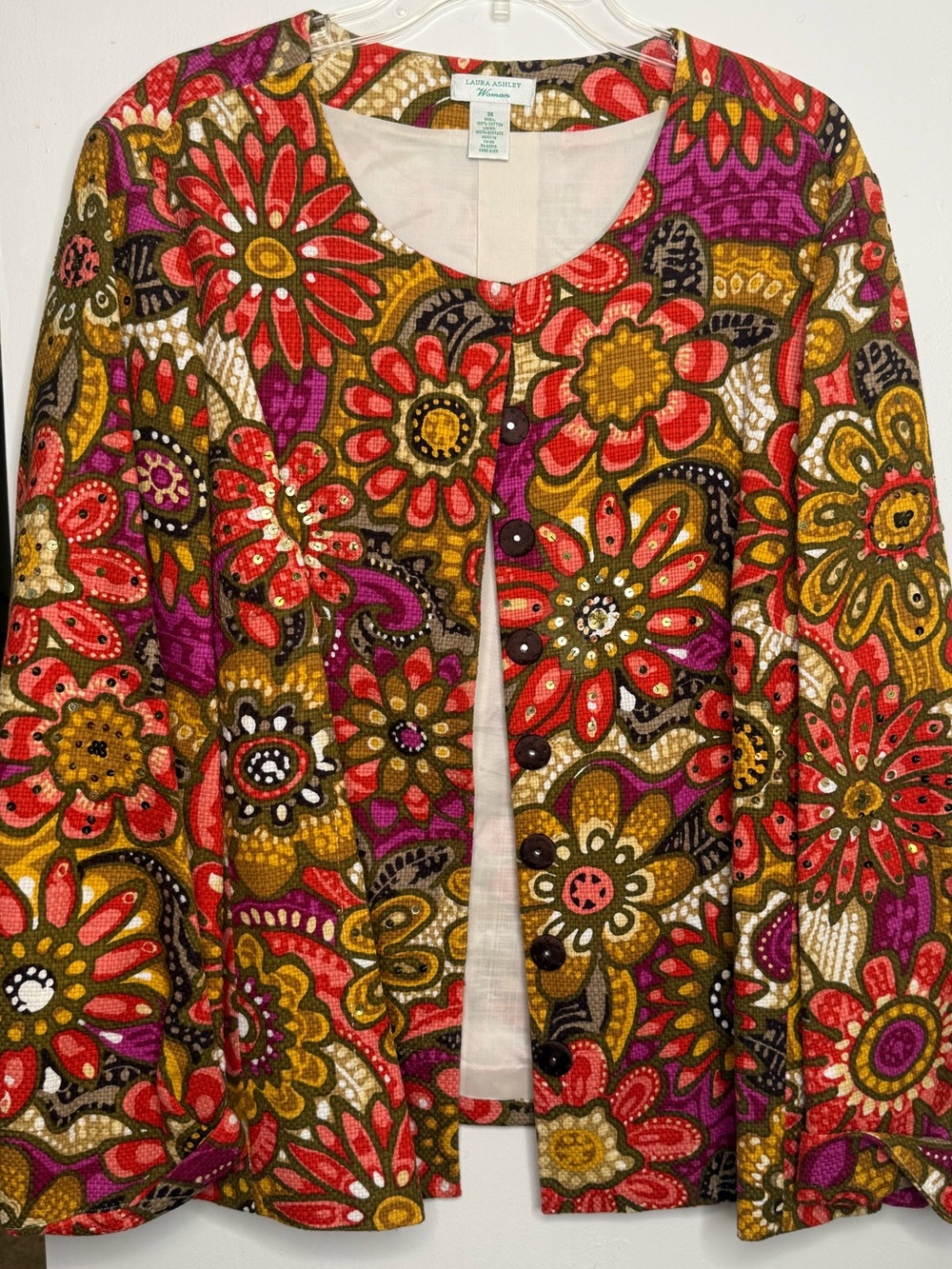 Laura Ashley Women 3X Floral Boho Jacket Embellished Button Front Cottegcore